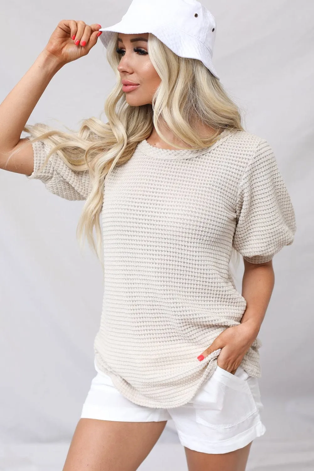 Beige Popcorn Waffle Puff Sleeve Top