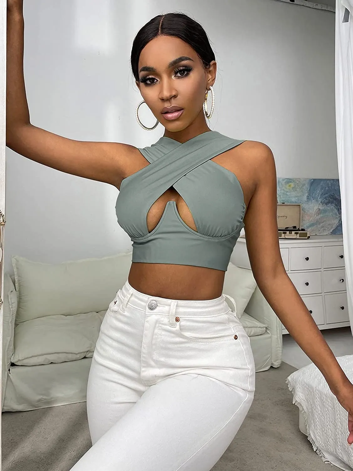 Cross Wrap Sleeveless Cut-Out Front Crop Top