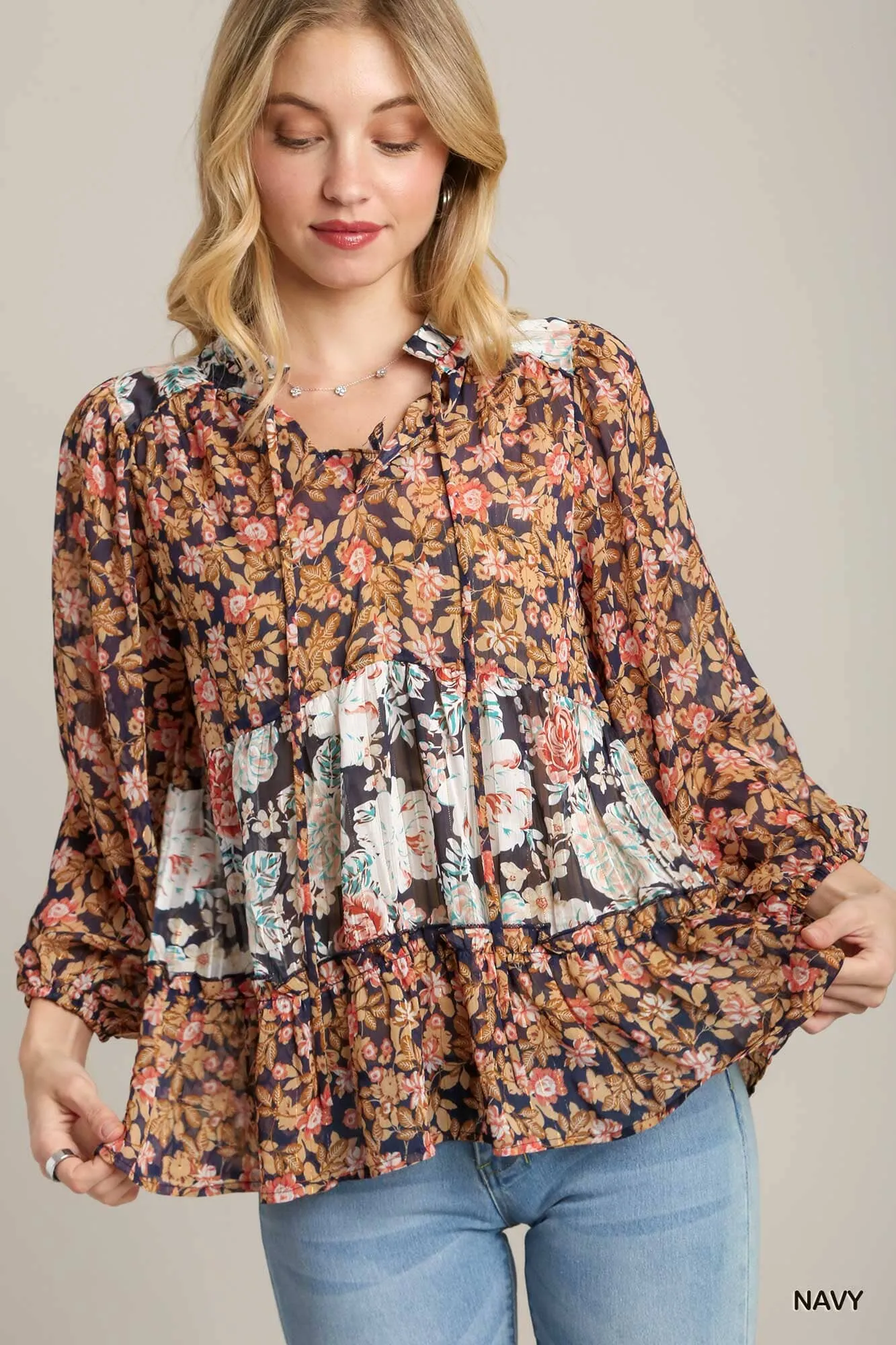 FLORAL RUFFLE TIE NECK TOP