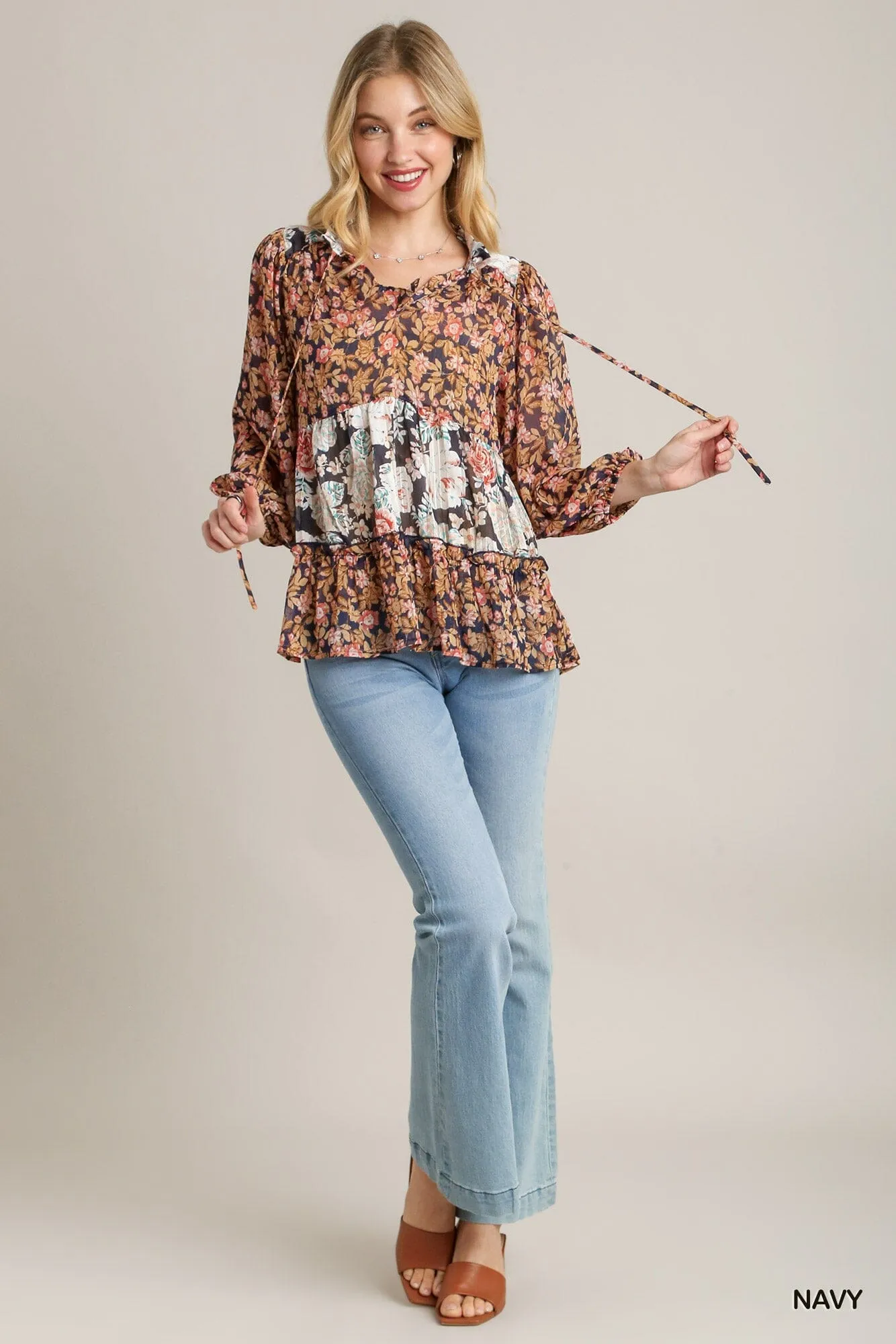 FLORAL RUFFLE TIE NECK TOP