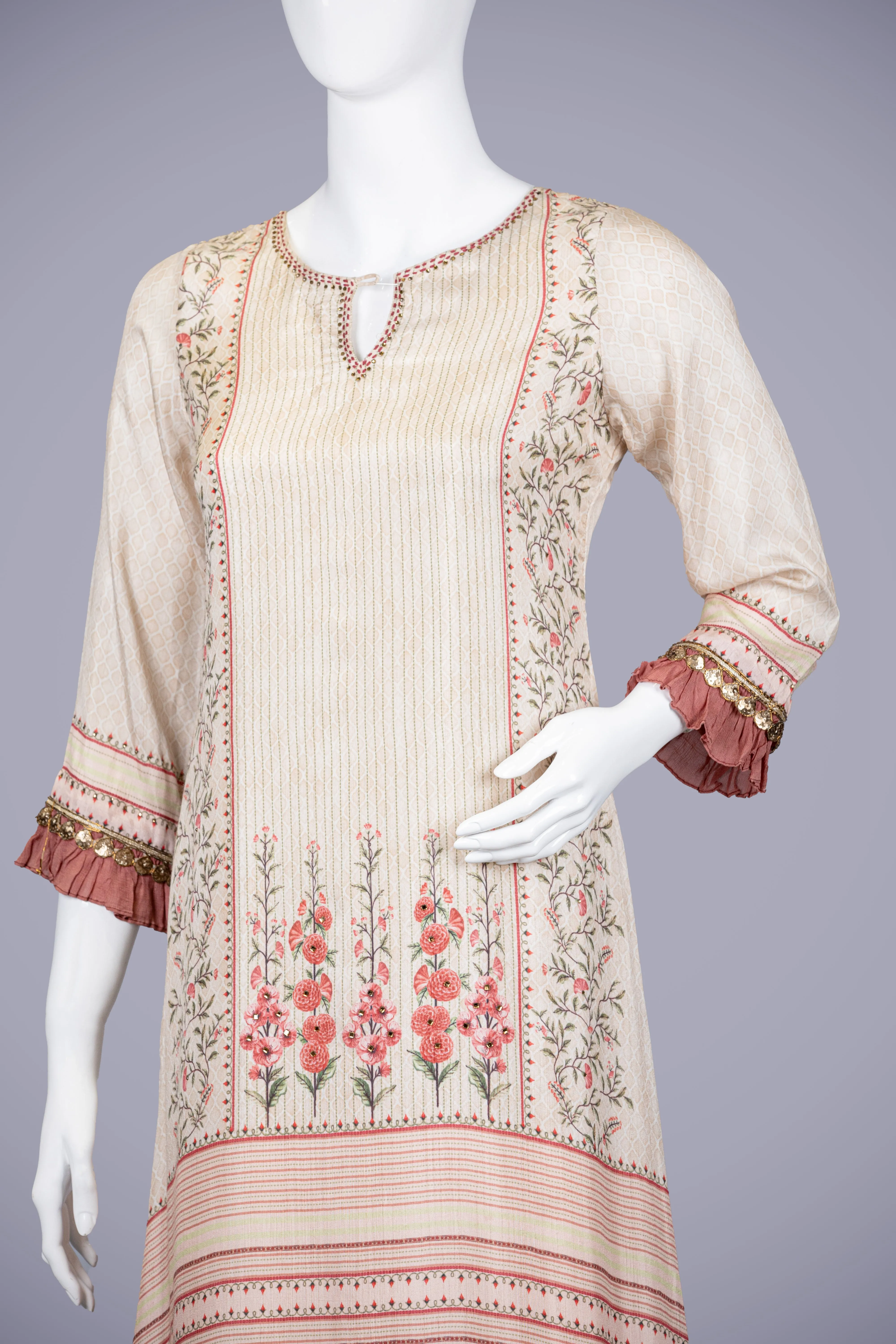 Gold & Pink Kurti Top with Printed Work