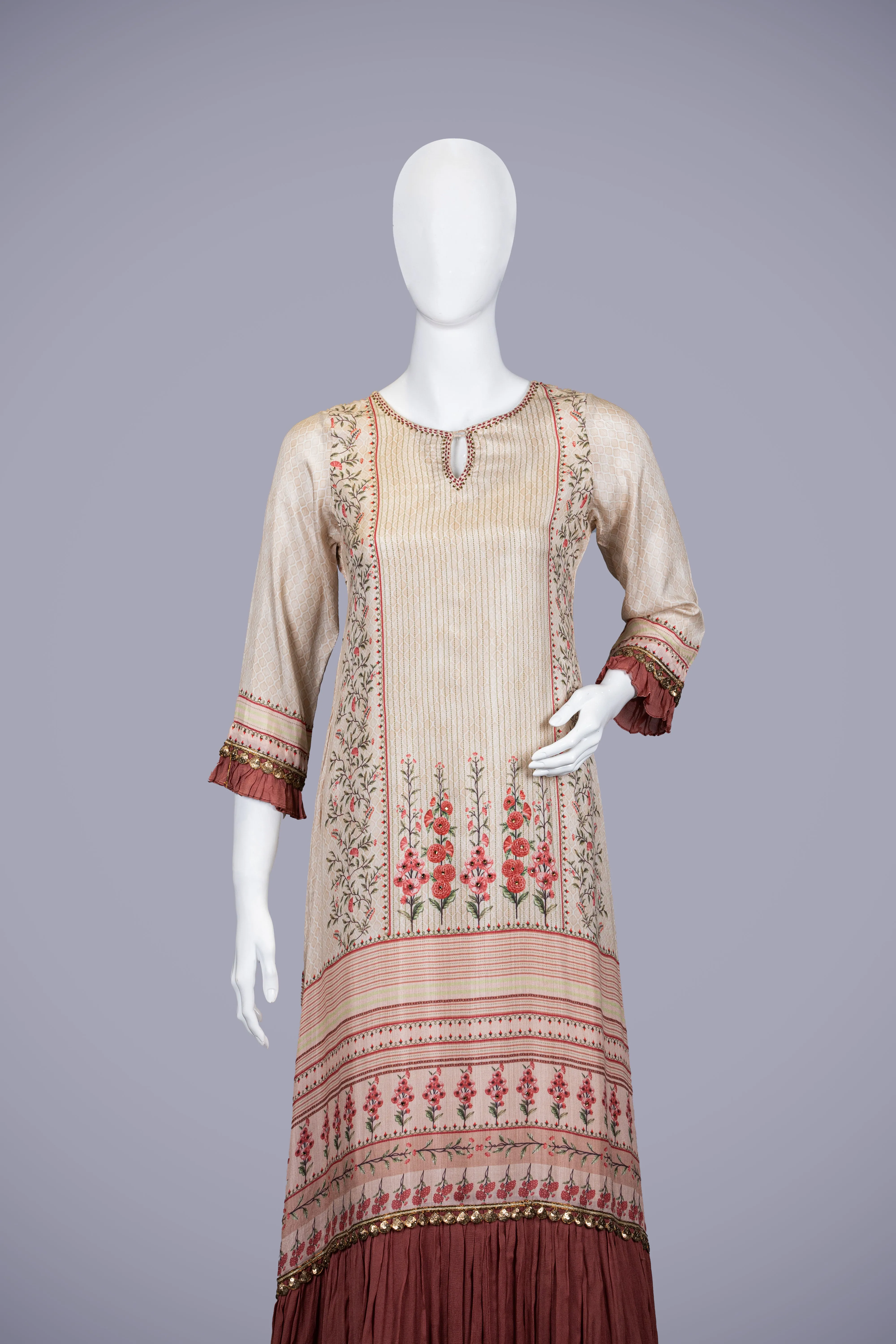 Gold & Pink Kurti Top with Printed Work