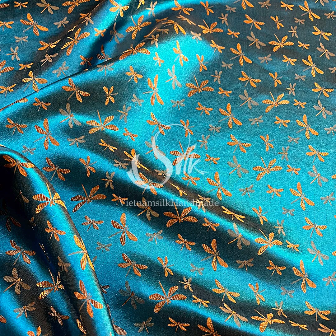 Green silk with Orange Dragonfly patterns - PURE MULBERRY SILK fabric by the yard - Gragonfly silk -Luxury Silk - Natural silk - Handmade in VietNam- Silk with Design