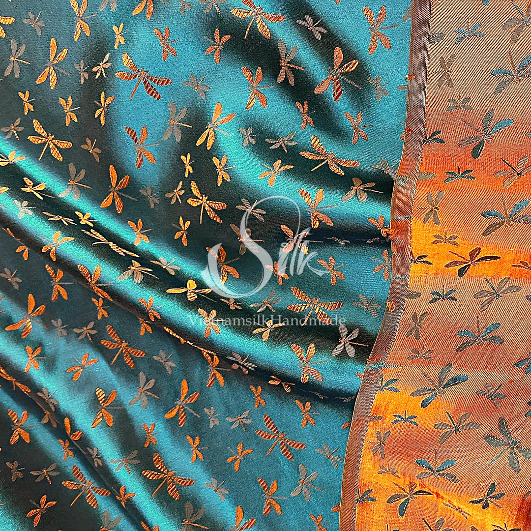 Green silk with Orange Dragonfly patterns - PURE MULBERRY SILK fabric by the yard - Gragonfly silk -Luxury Silk - Natural silk - Handmade in VietNam- Silk with Design