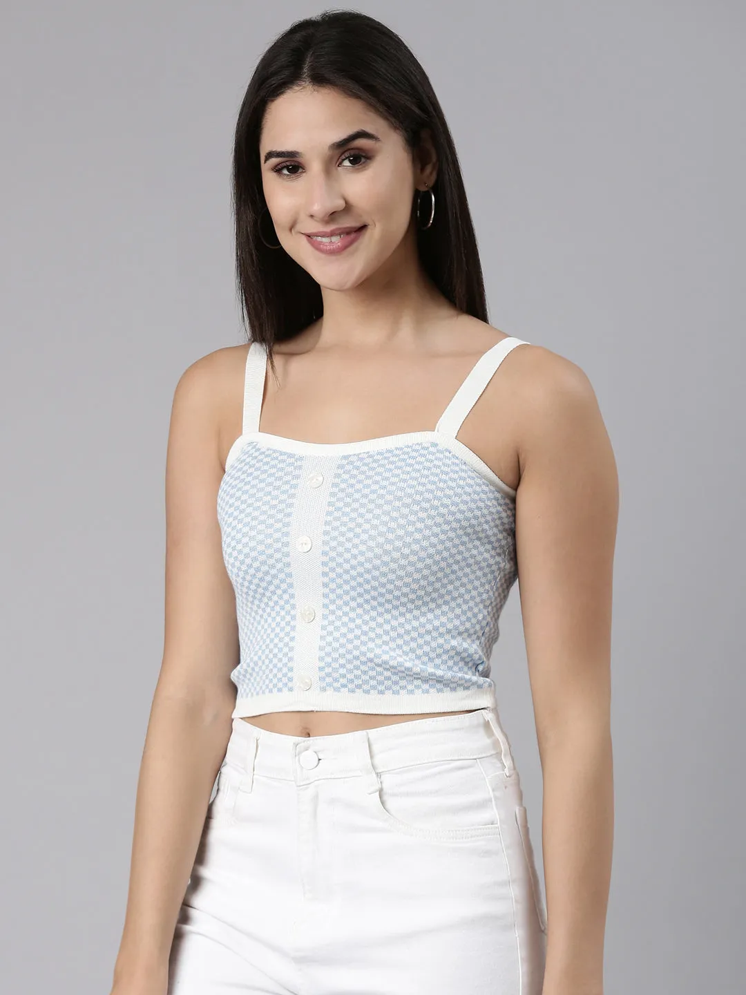 Shoulder Straps Checked Sleeveless Blue Crop Tank Top