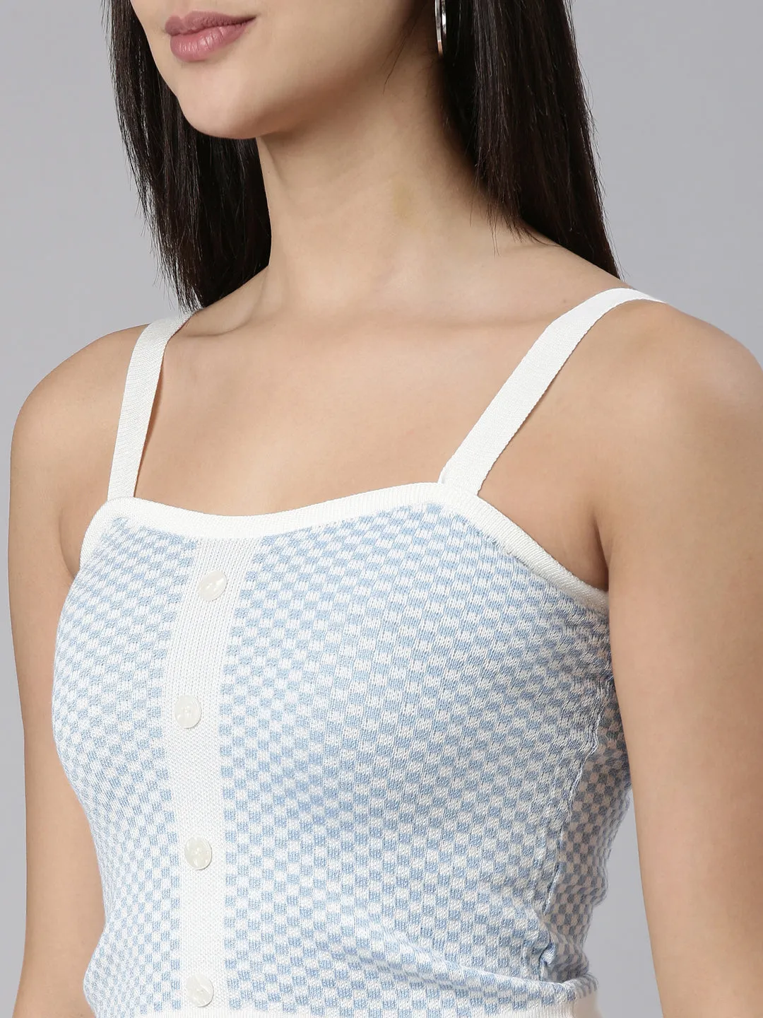 Shoulder Straps Checked Sleeveless Blue Crop Tank Top