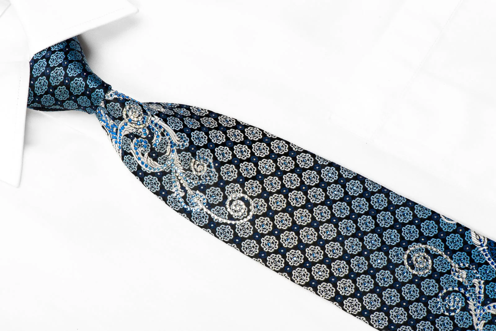 Yezak Rhinestone Silk Necktie Silver Scrolls Blue Cartouche On Black With Sparkles